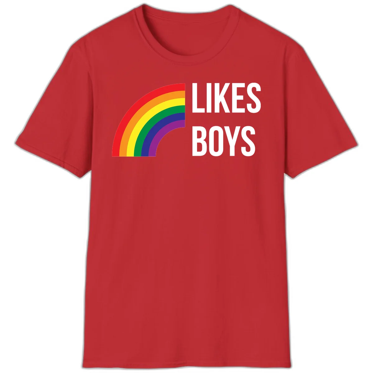 Likes boys pride design featuring a colorful rainbow arc with bold white text on gray background in Red