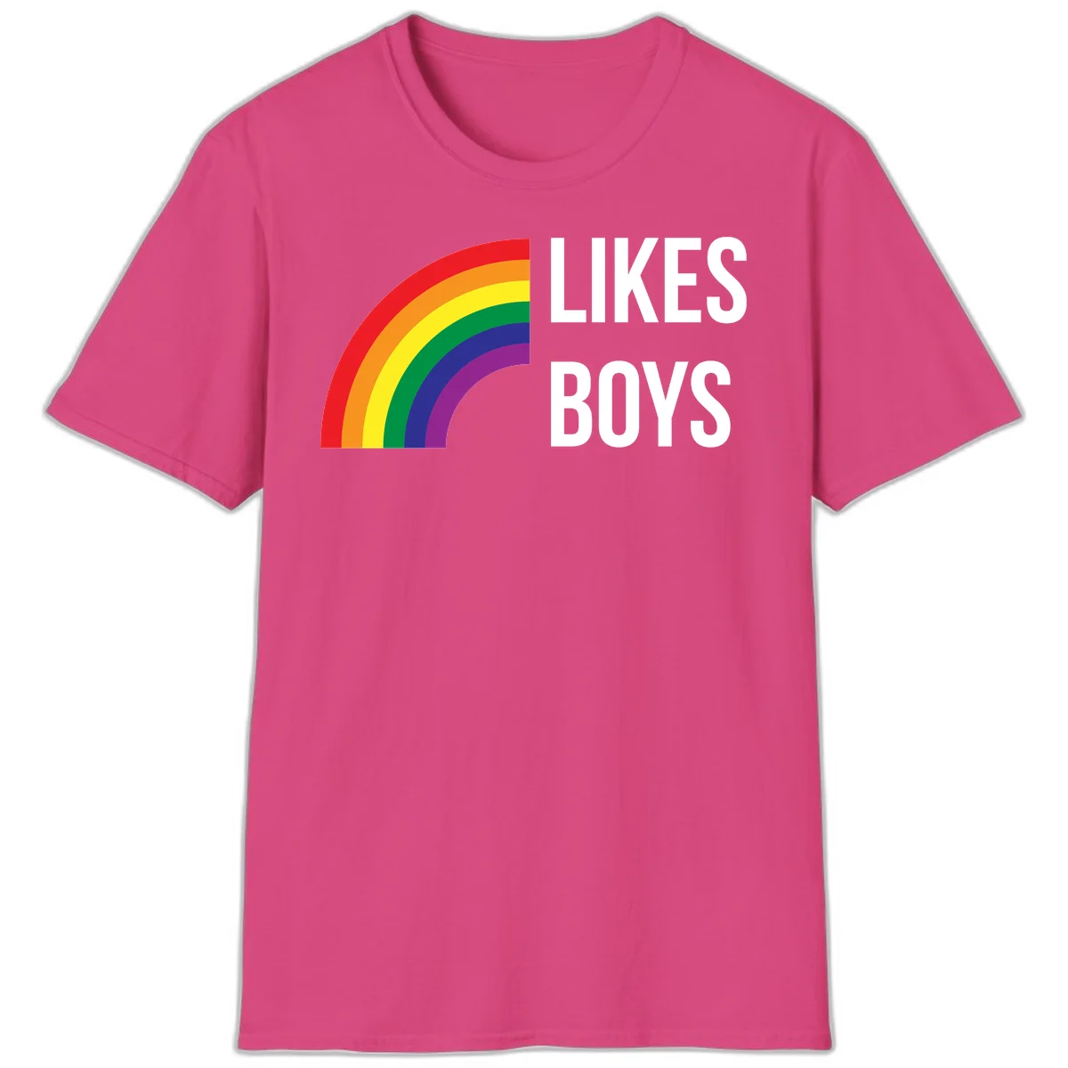 Likes boys pride design featuring a colorful rainbow arc with bold white text on gray background in Heliconia