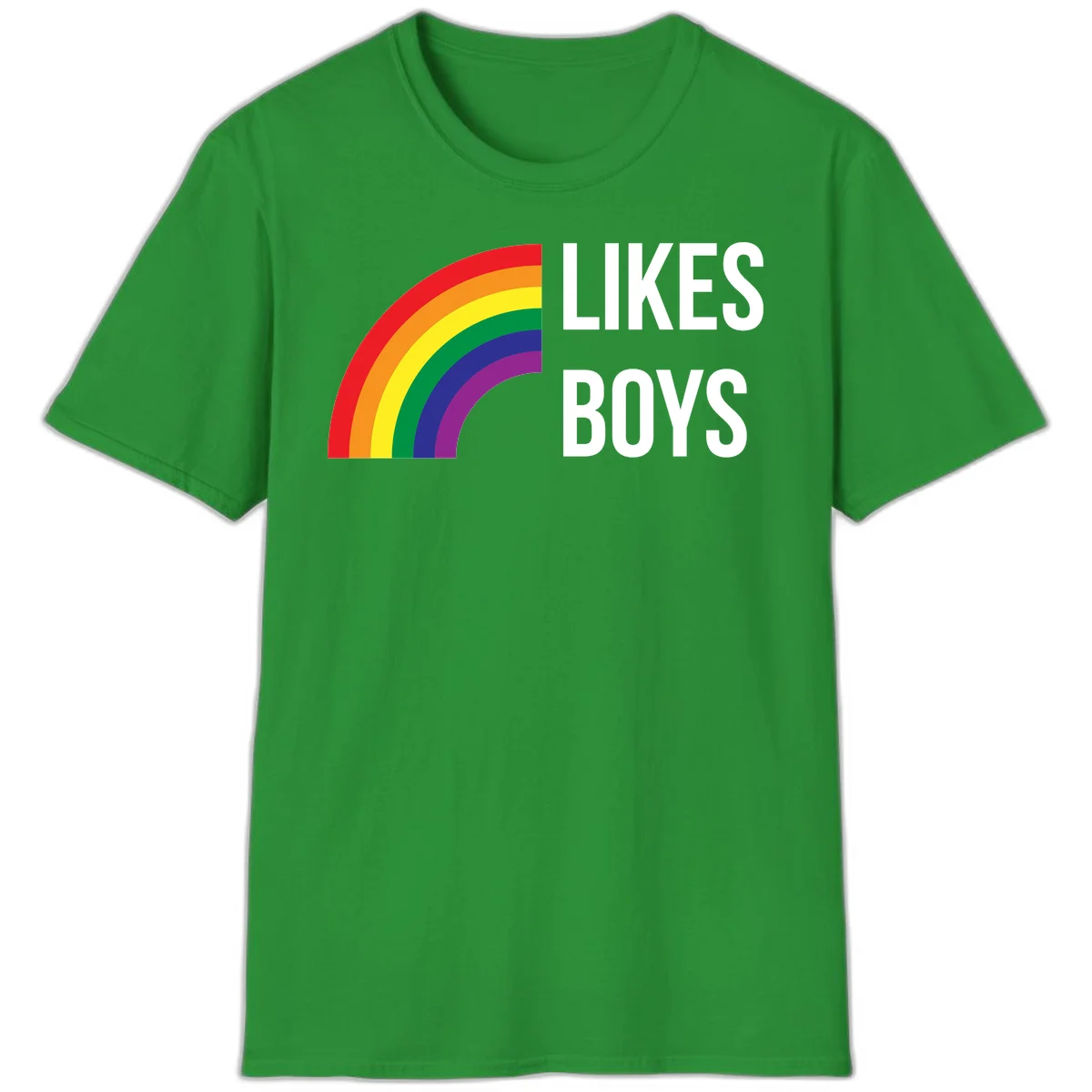 Likes boys pride design featuring a colorful rainbow arc with bold white text on gray background in Irish Green