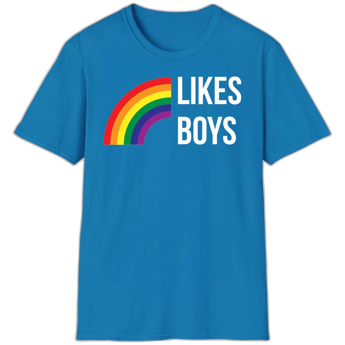 Likes boys pride design featuring a colorful rainbow arc with bold white text on gray background in Sapphire