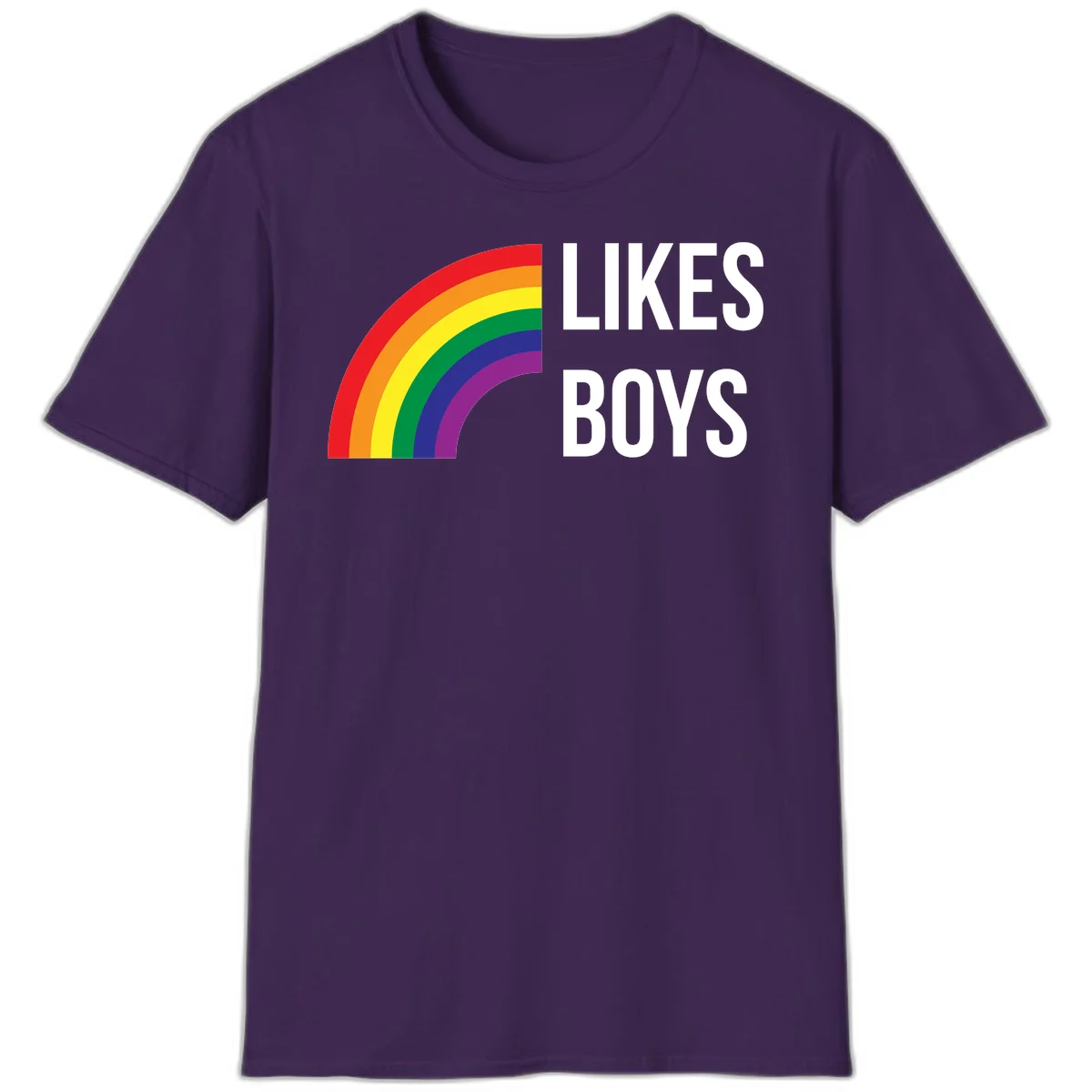 Likes boys pride design featuring a colorful rainbow arc with bold white text on gray background in Purple