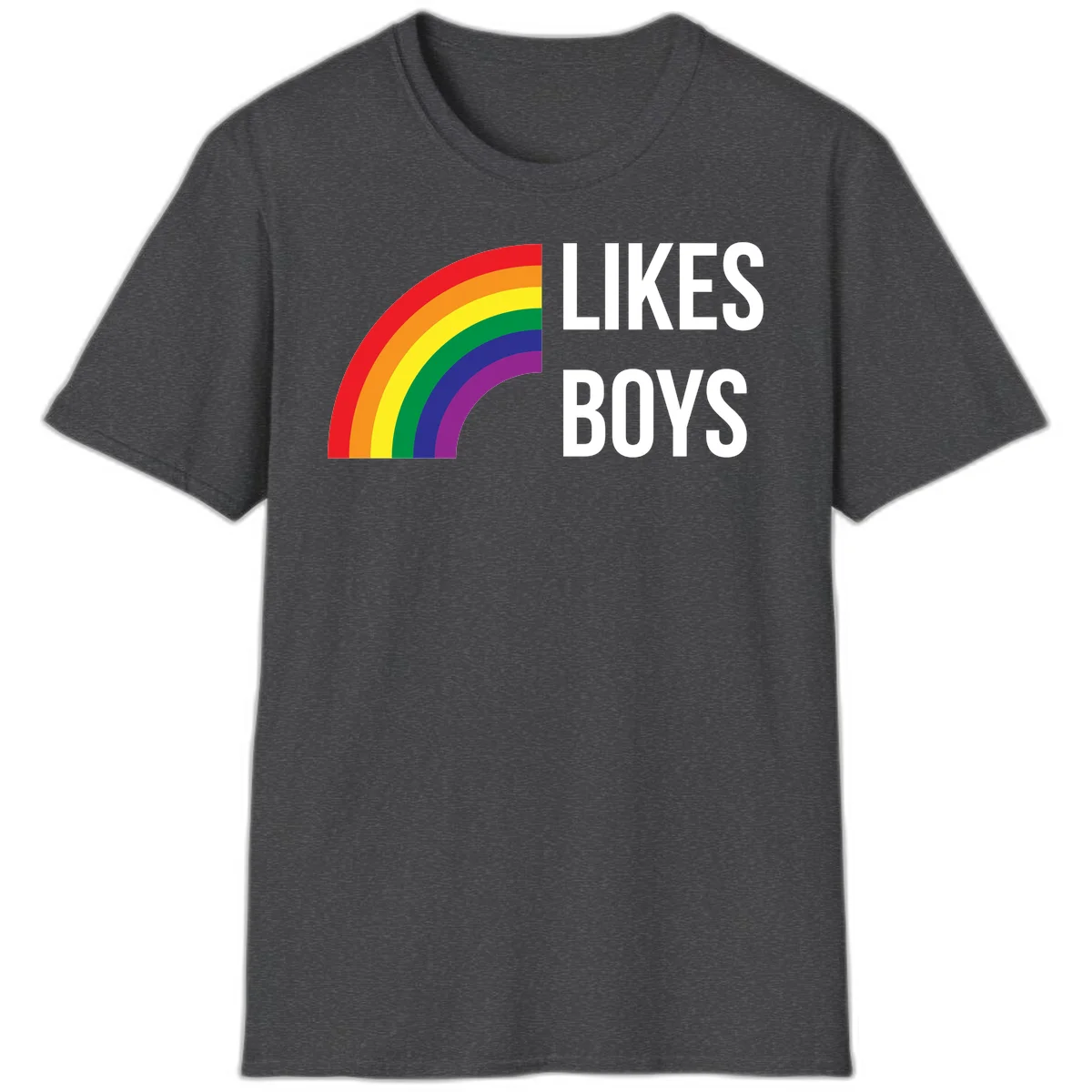 Likes boys pride design featuring a colorful rainbow arc with bold white text on gray background in Dark Heather