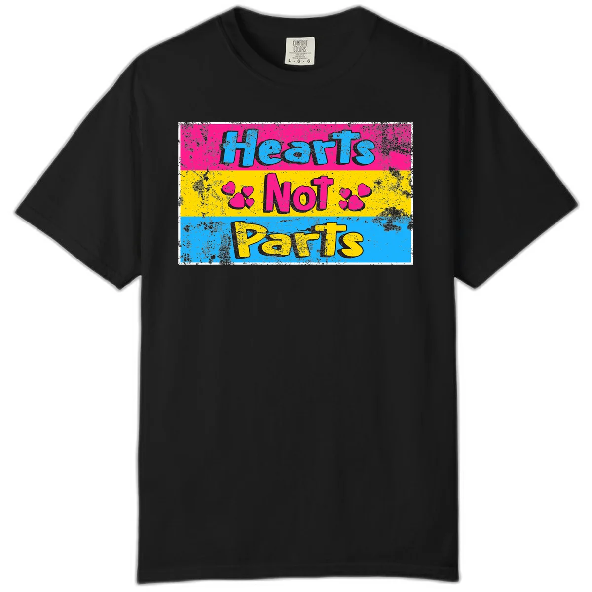 Hearts Not Parts design: magenta, yellow, and blue color-blocked graphic with distressed typography and pink hearts celebrating trans and non-binary identity in Black