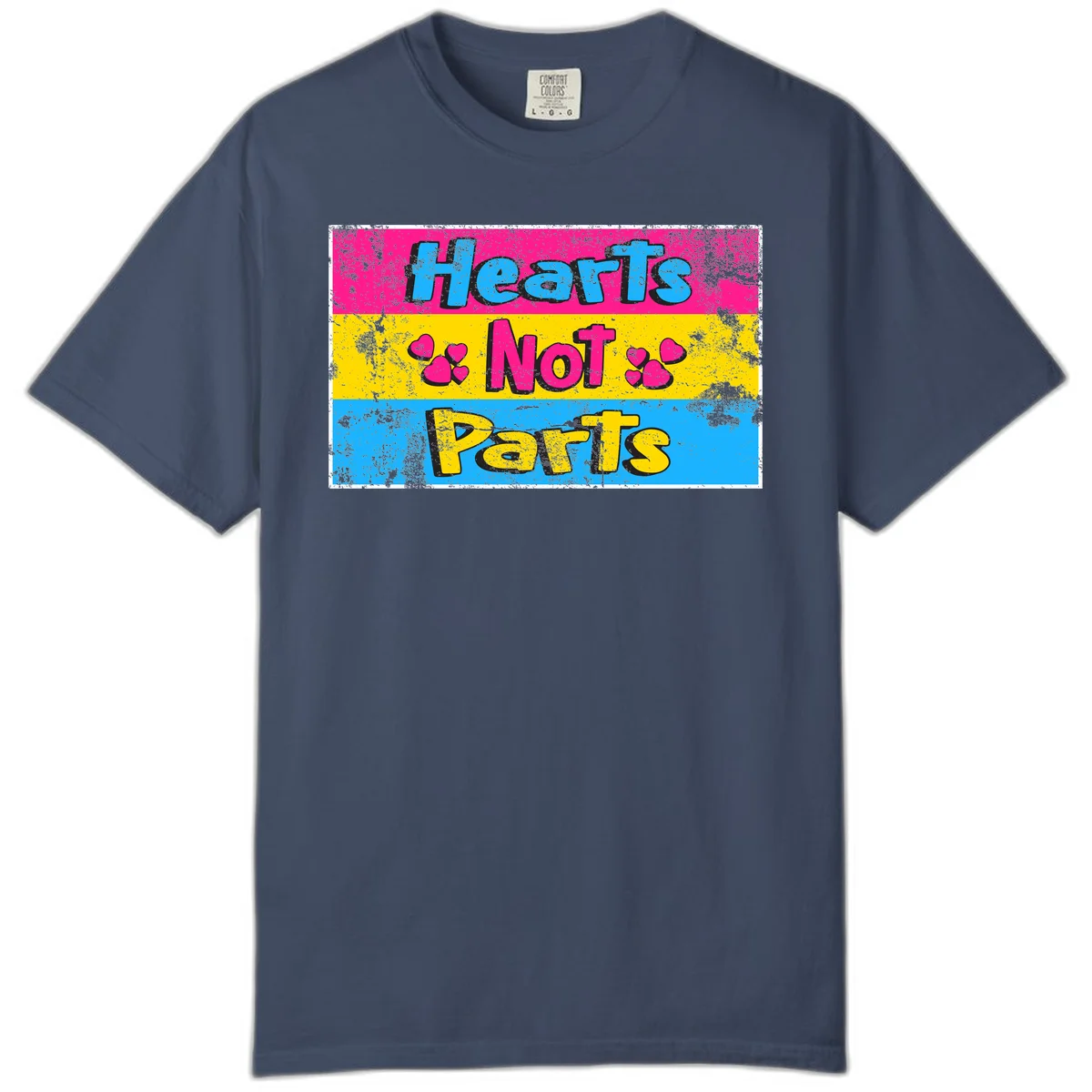 Hearts Not Parts design: magenta, yellow, and blue color-blocked graphic with distressed typography and pink hearts celebrating trans and non-binary identity in Midnight