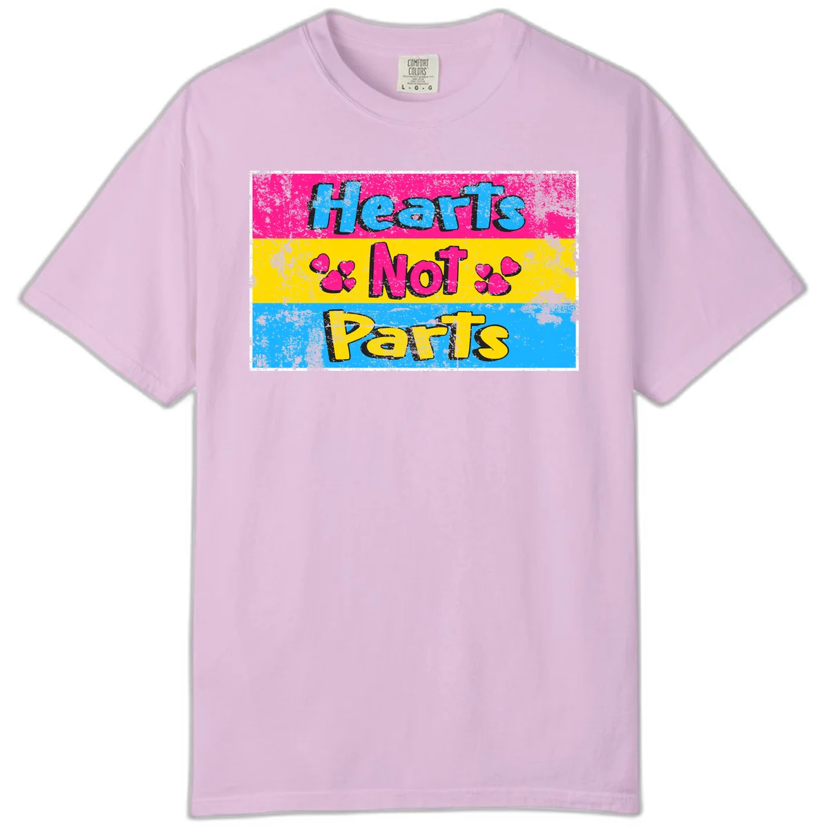 Hearts Not Parts design: magenta, yellow, and blue color-blocked graphic with distressed typography and pink hearts celebrating trans and non-binary identity in Orchid