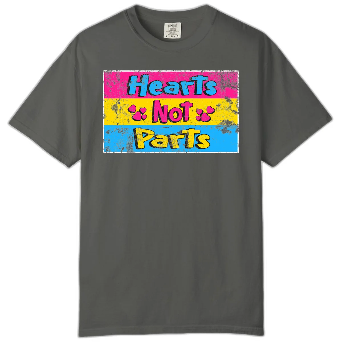 Hearts Not Parts design: magenta, yellow, and blue color-blocked graphic with distressed typography and pink hearts celebrating trans and non-binary identity in Pepper