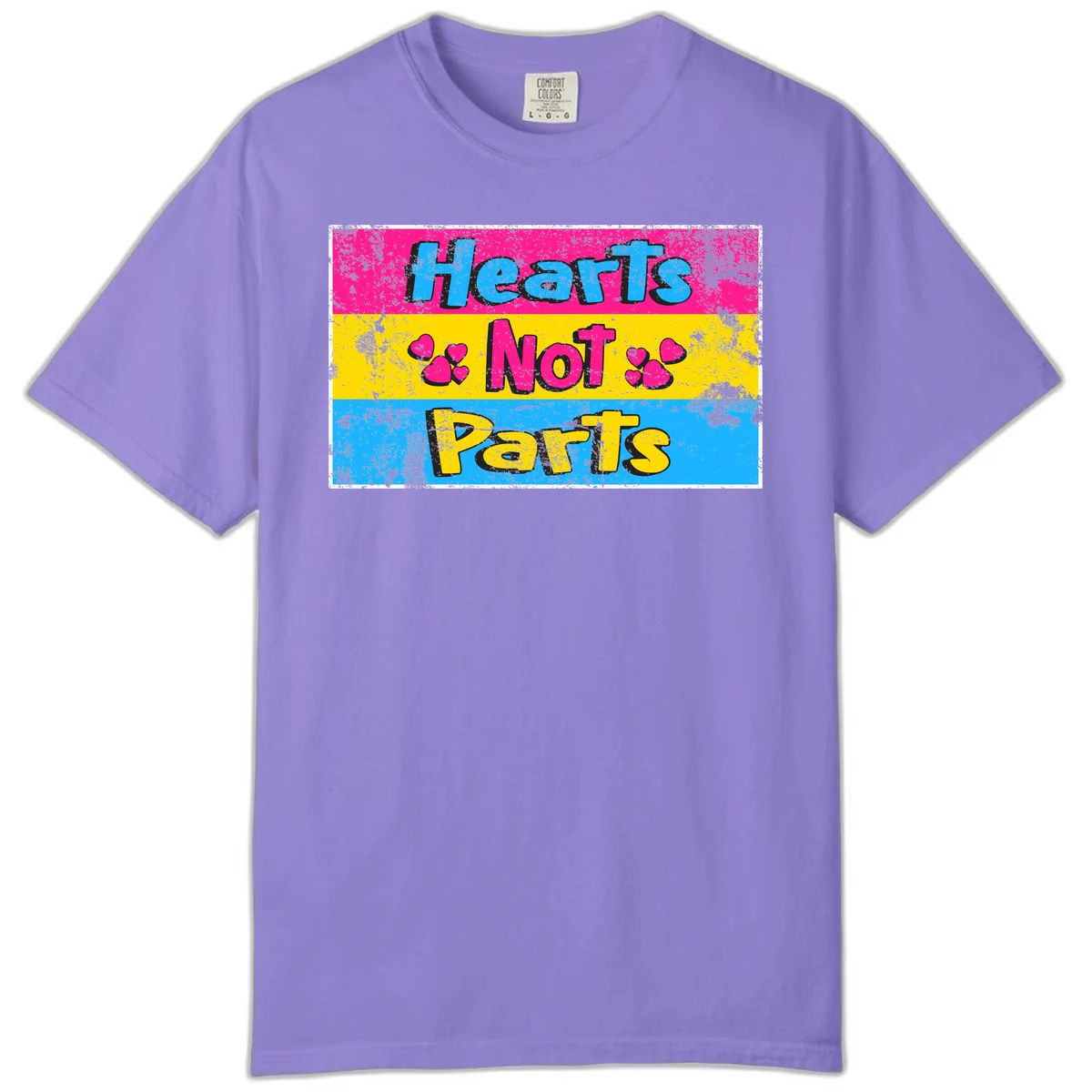 Hearts Not Parts design: magenta, yellow, and blue color-blocked graphic with distressed typography and pink hearts celebrating trans and non-binary identity in Violet
