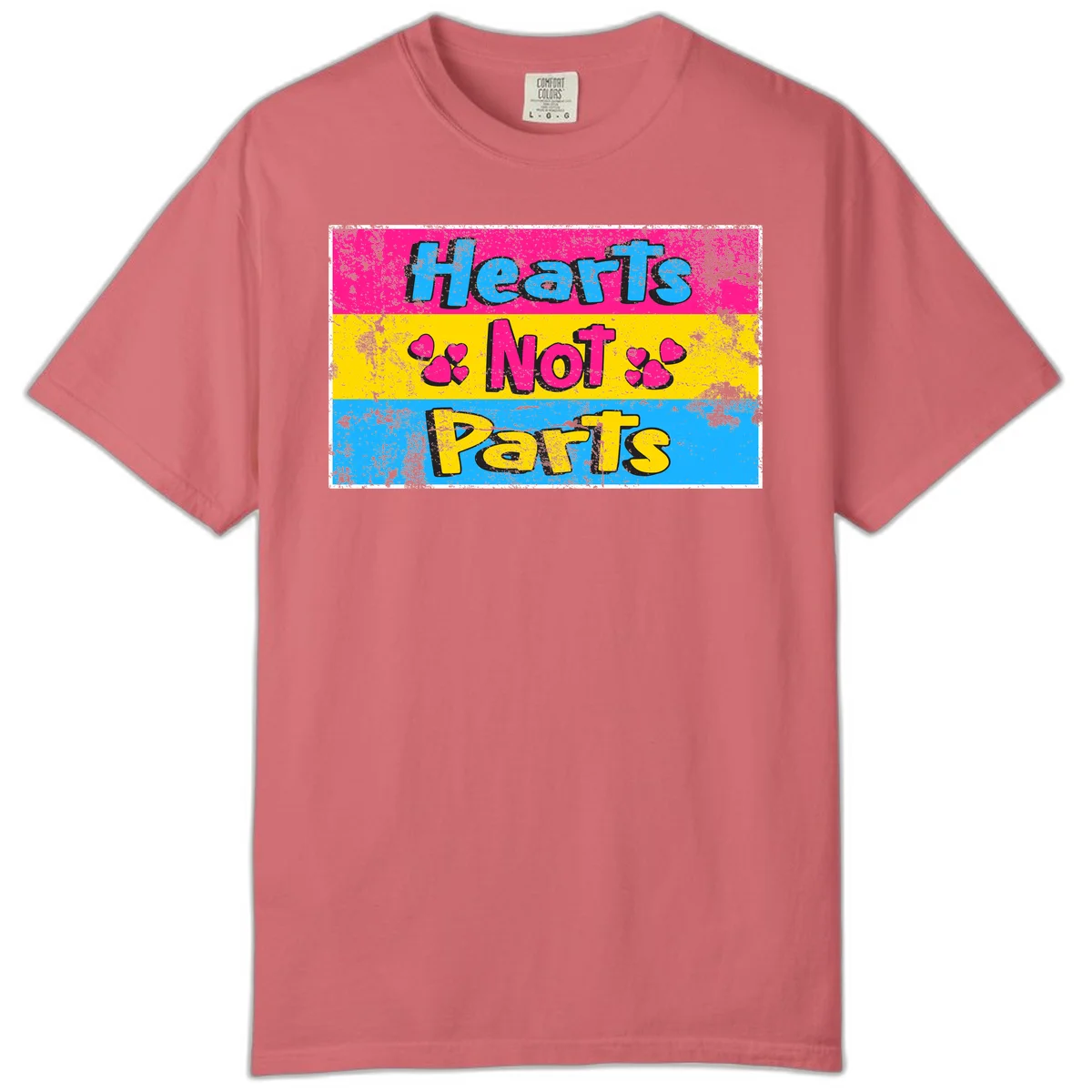 Hearts Not Parts design: magenta, yellow, and blue color-blocked graphic with distressed typography and pink hearts celebrating trans and non-binary identity in Watermelon