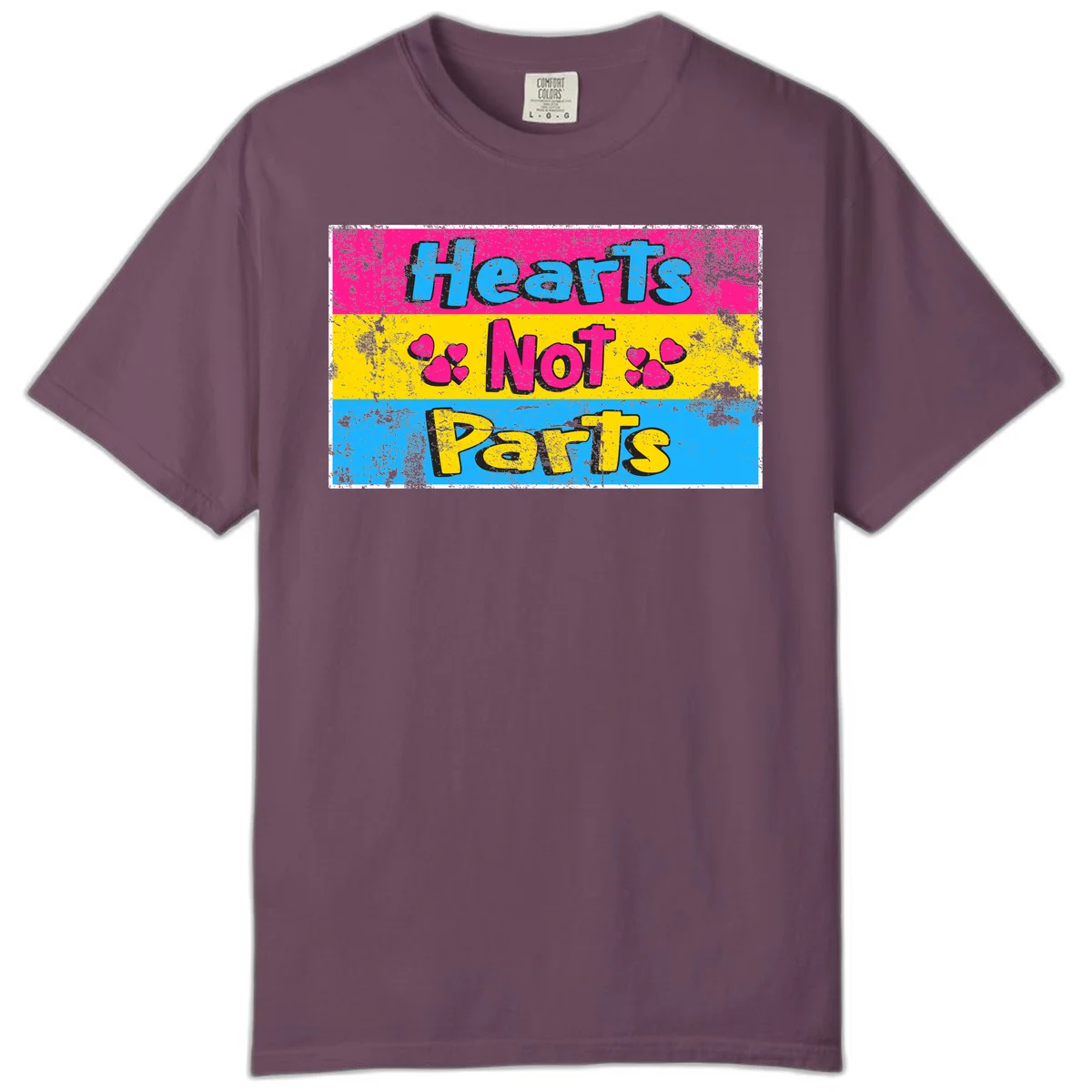 Hearts Not Parts design: magenta, yellow, and blue color-blocked graphic with distressed typography and pink hearts celebrating trans and non-binary identity in Berry