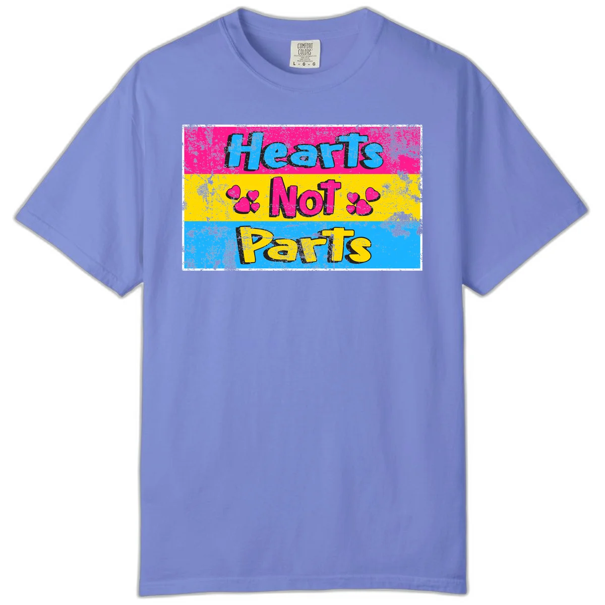 Hearts Not Parts design: magenta, yellow, and blue color-blocked graphic with distressed typography and pink hearts celebrating trans and non-binary identity in Flo Blue