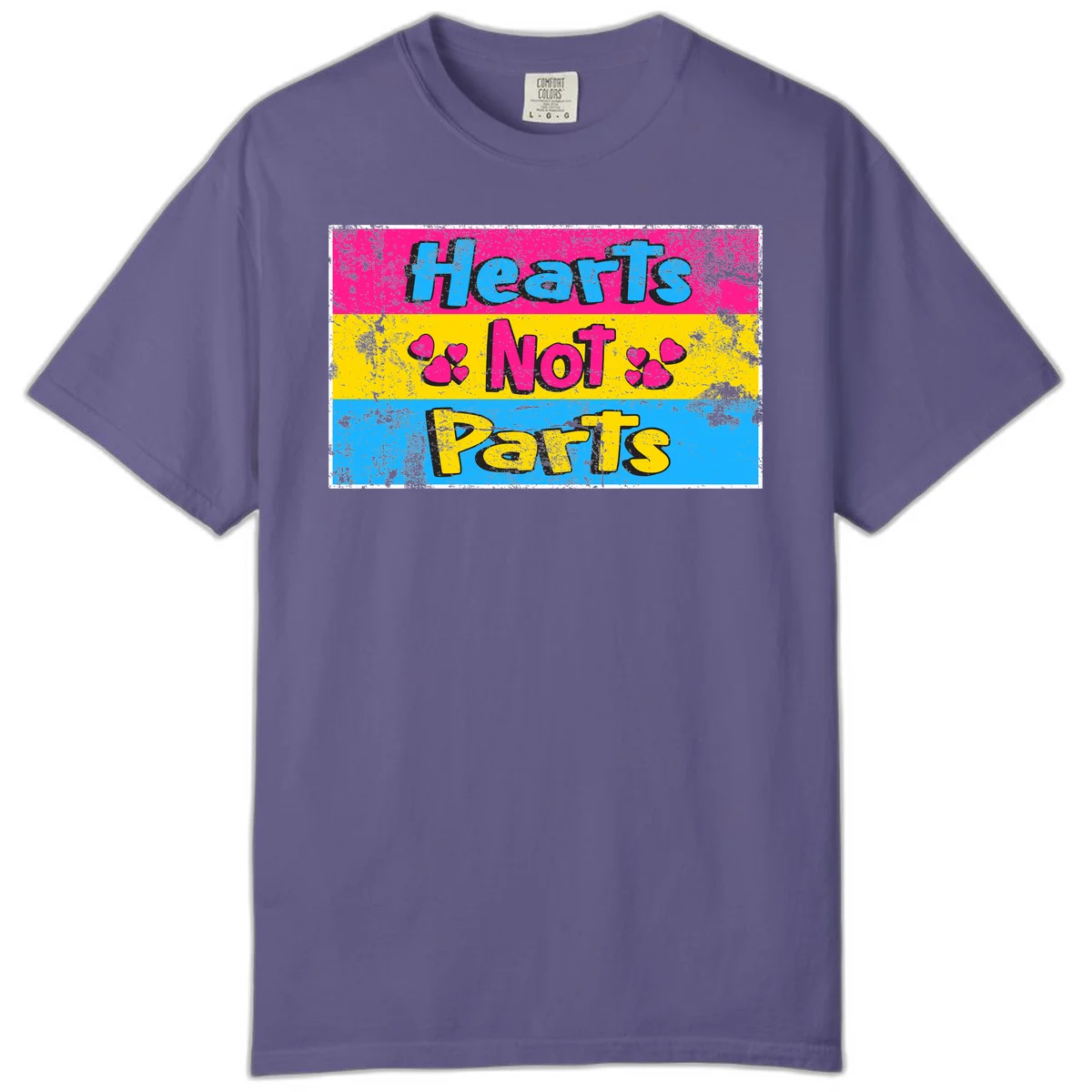 Hearts Not Parts design: magenta, yellow, and blue color-blocked graphic with distressed typography and pink hearts celebrating trans and non-binary identity in Grape