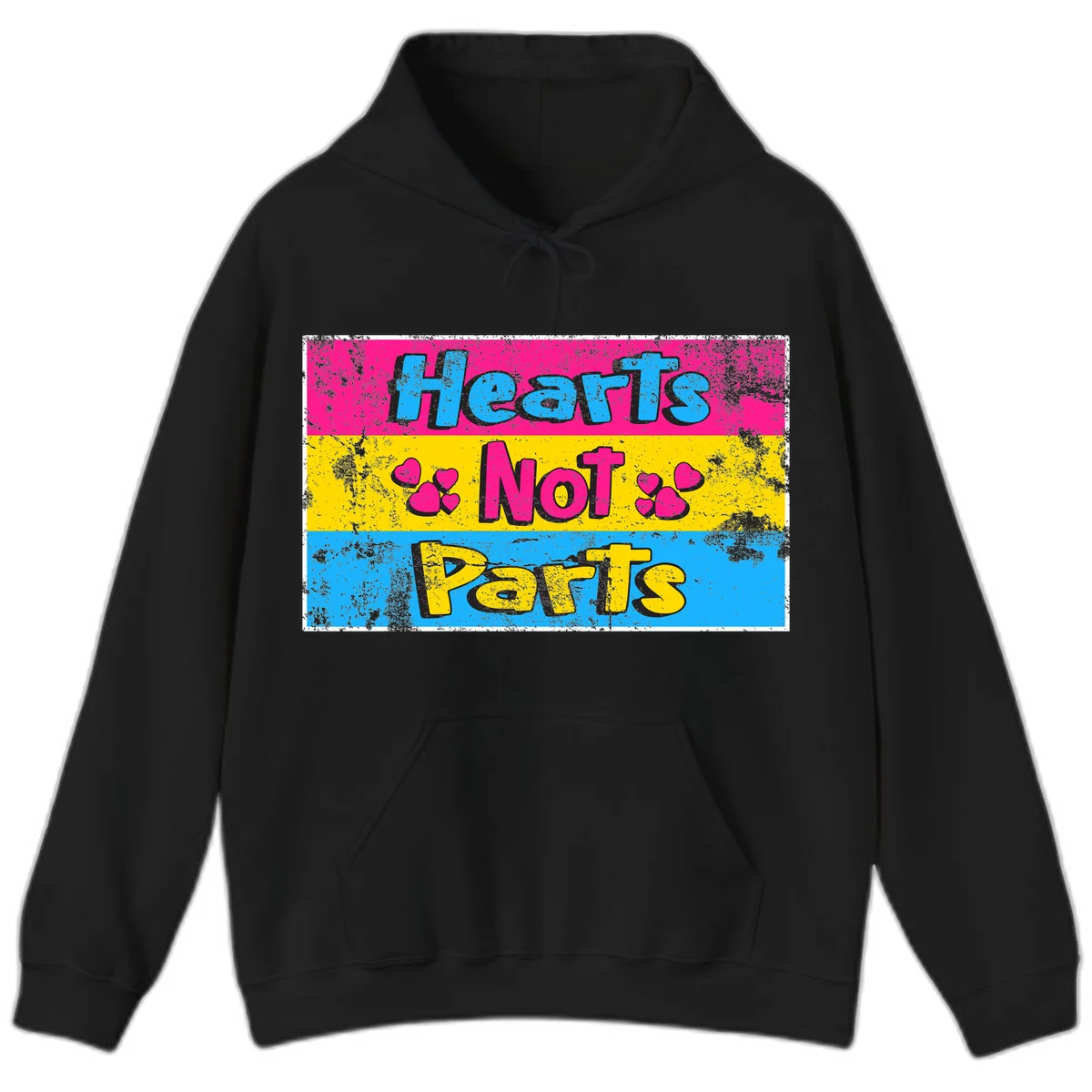 Hearts Not Parts design: magenta, yellow, and blue color-blocked graphic with distressed typography and pink hearts celebrating trans and non-binary identity in Black