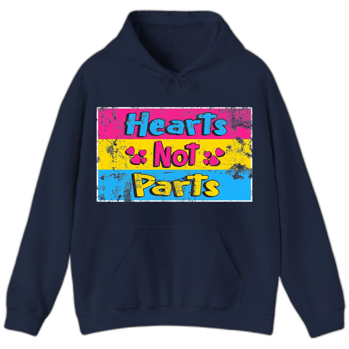 Hearts Not Parts design: magenta, yellow, and blue color-blocked graphic with distressed typography and pink hearts celebrating trans and non-binary identity in Navy