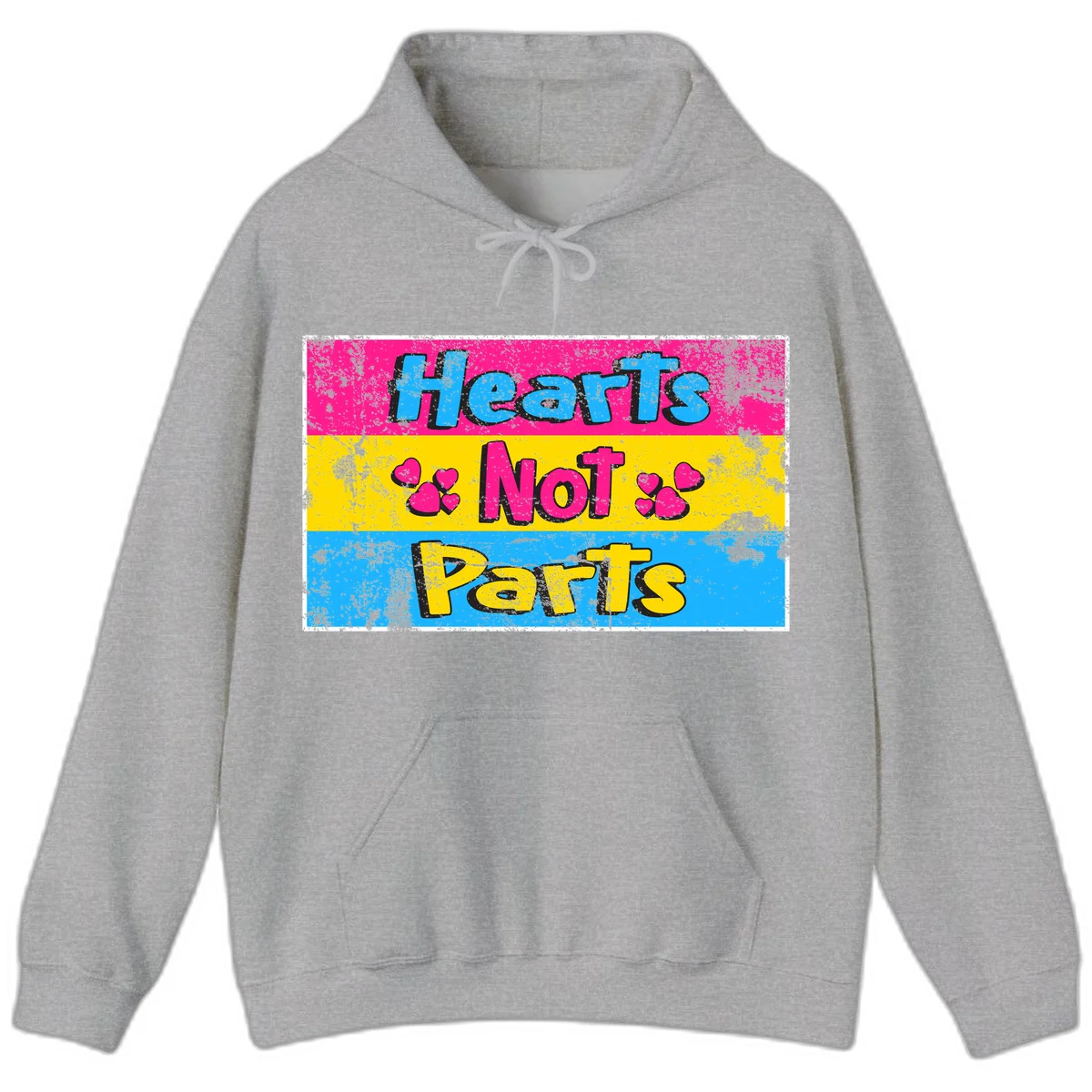 Hearts Not Parts design: magenta, yellow, and blue color-blocked graphic with distressed typography and pink hearts celebrating trans and non-binary identity in Sport Grey
