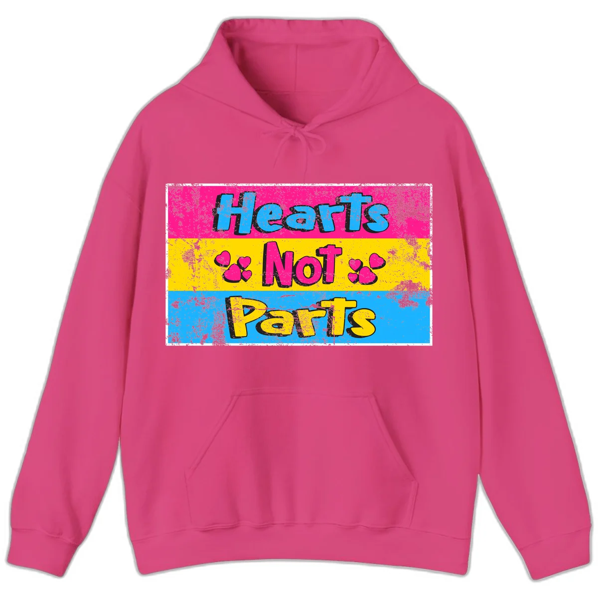 Hearts Not Parts design: magenta, yellow, and blue color-blocked graphic with distressed typography and pink hearts celebrating trans and non-binary identity in Heliconia