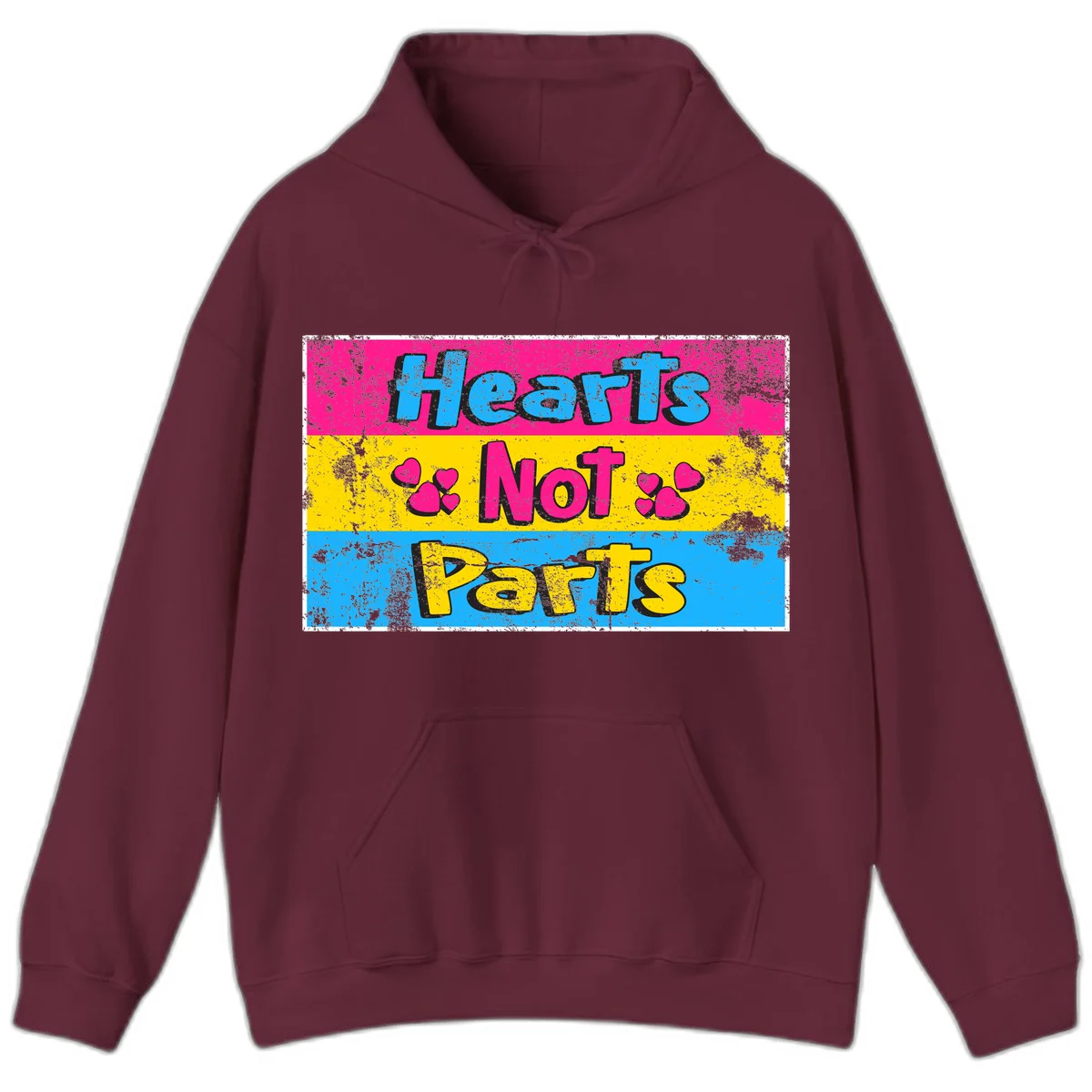 Hearts Not Parts design: magenta, yellow, and blue color-blocked graphic with distressed typography and pink hearts celebrating trans and non-binary identity in Maroon