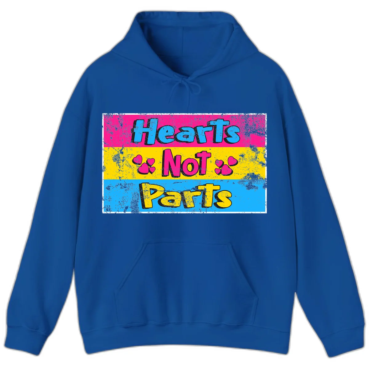 Hearts Not Parts design: magenta, yellow, and blue color-blocked graphic with distressed typography and pink hearts celebrating trans and non-binary identity in Royal
