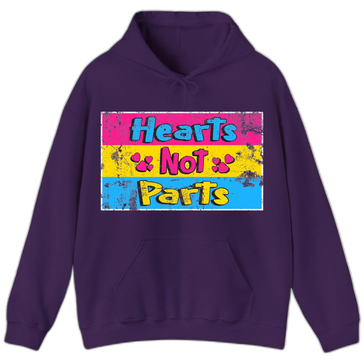 Hearts Not Parts design: magenta, yellow, and blue color-blocked graphic with distressed typography and pink hearts celebrating trans and non-binary identity in Purple