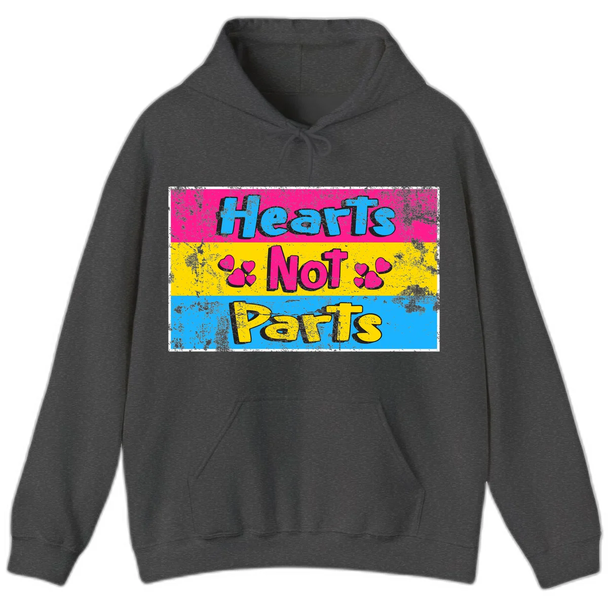 Hearts Not Parts design: magenta, yellow, and blue color-blocked graphic with distressed typography and pink hearts celebrating trans and non-binary identity in Dark Heather