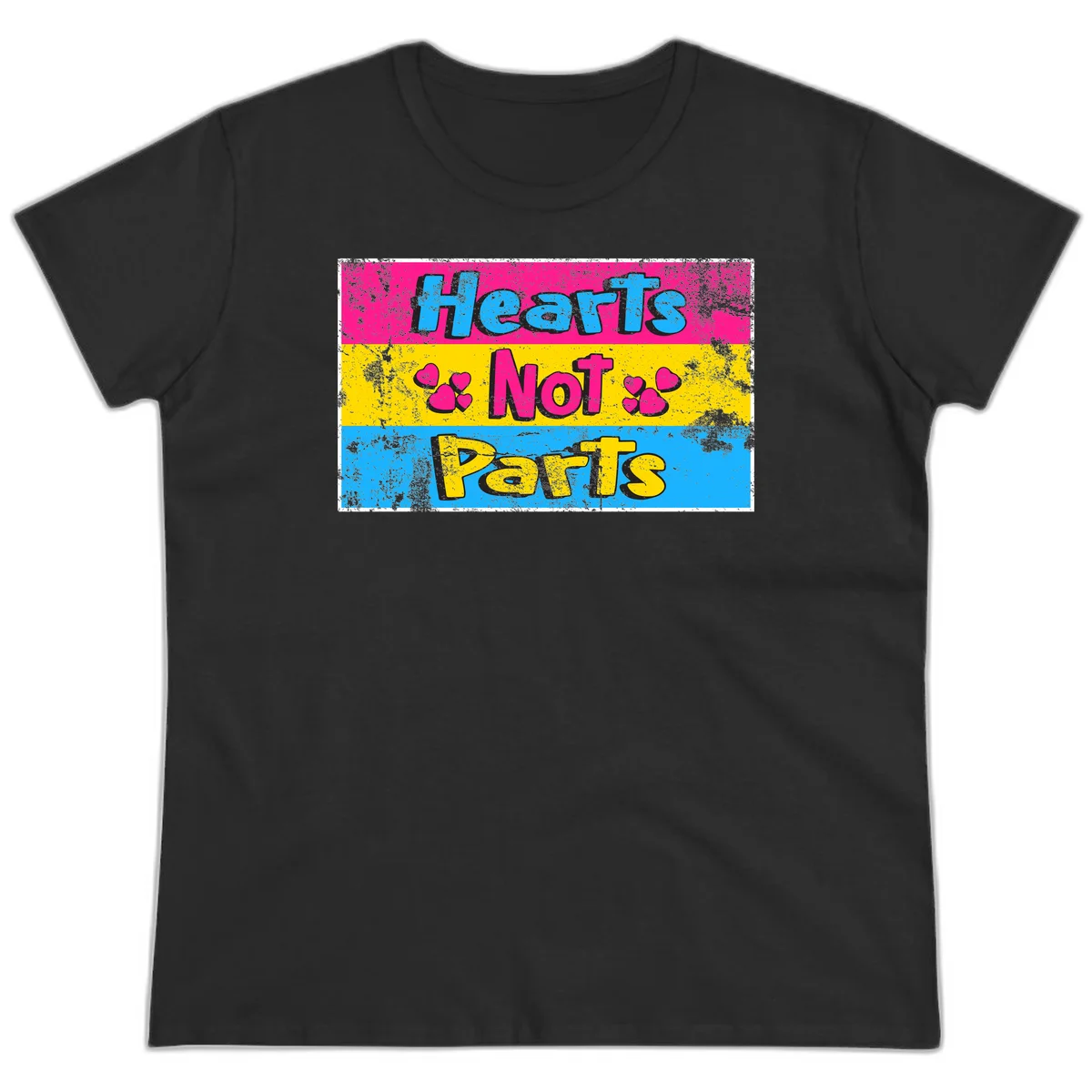 Hearts Not Parts design: magenta, yellow, and blue color-blocked graphic with distressed typography and pink hearts celebrating trans and non-binary identity in Black