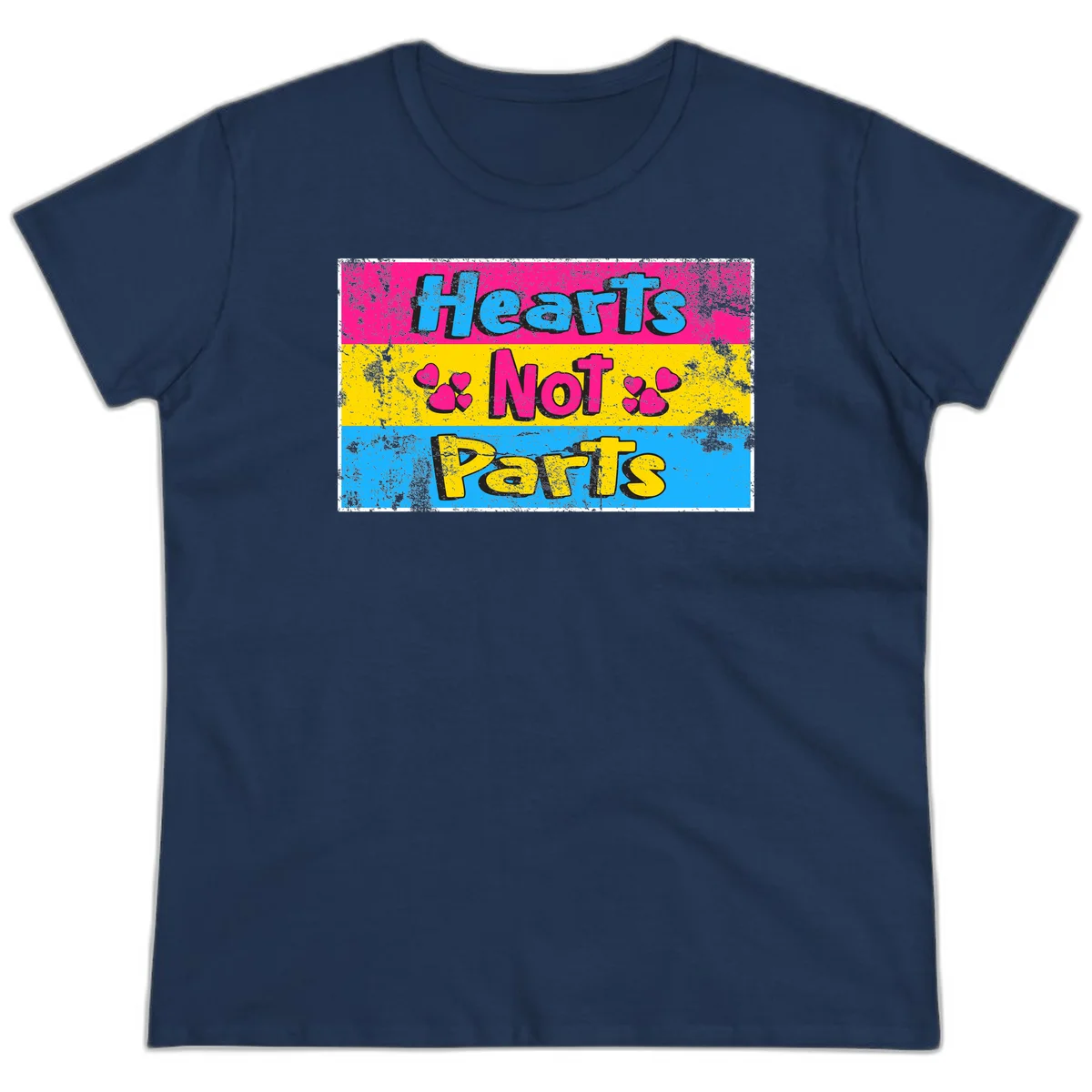 Hearts Not Parts design: magenta, yellow, and blue color-blocked graphic with distressed typography and pink hearts celebrating trans and non-binary identity in Navy