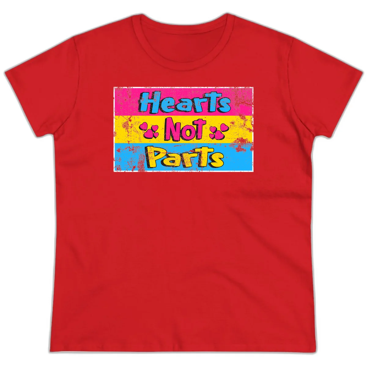 Hearts Not Parts design: magenta, yellow, and blue color-blocked graphic with distressed typography and pink hearts celebrating trans and non-binary identity in Red
