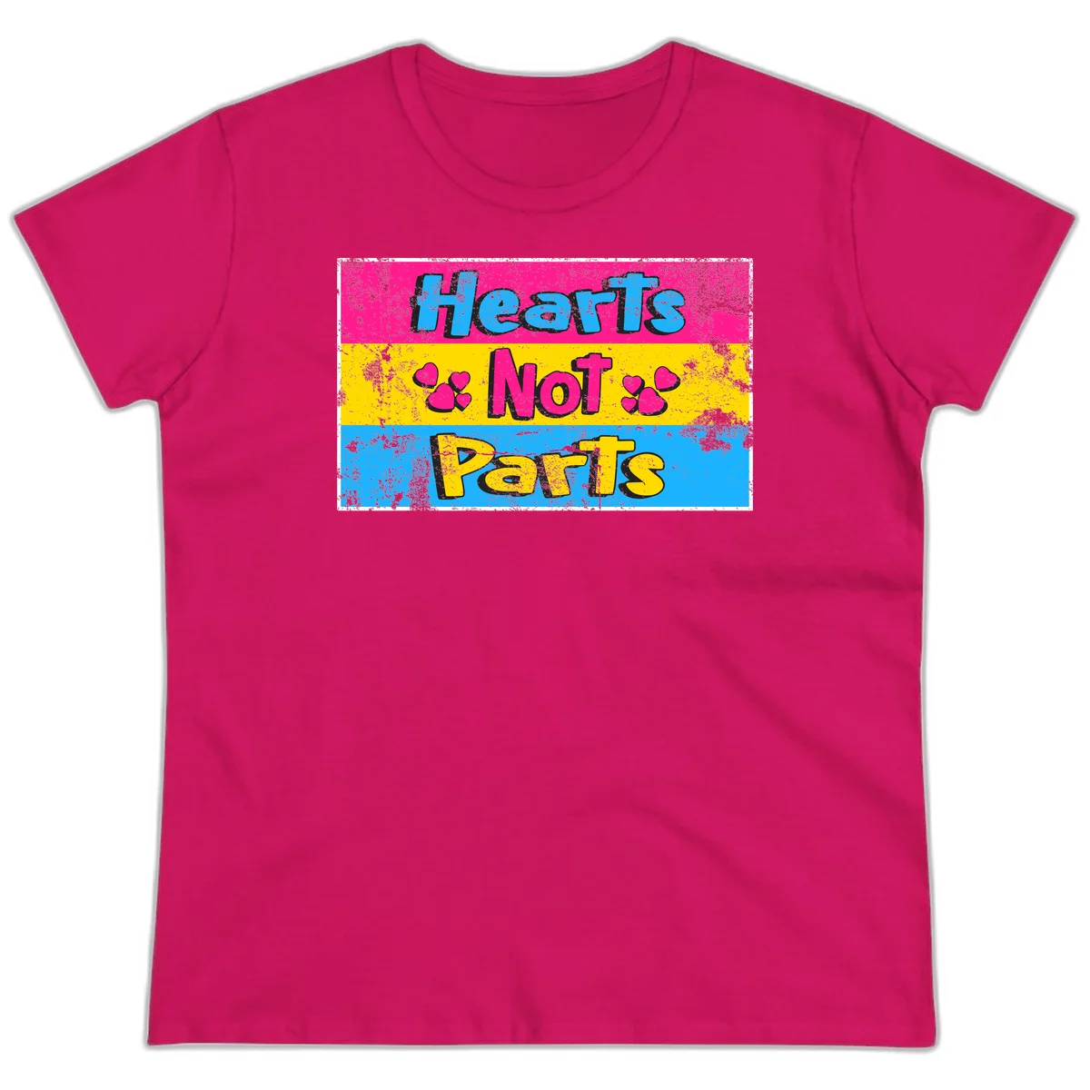 Hearts Not Parts design: magenta, yellow, and blue color-blocked graphic with distressed typography and pink hearts celebrating trans and non-binary identity in Heliconia