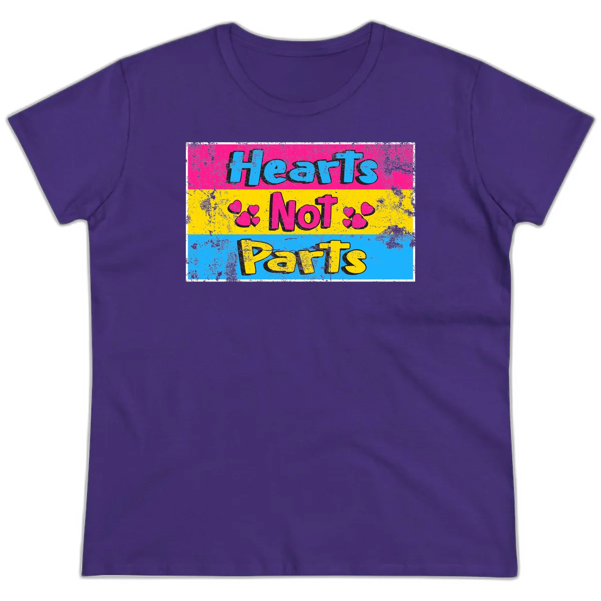 Hearts Not Parts design: magenta, yellow, and blue color-blocked graphic with distressed typography and pink hearts celebrating trans and non-binary identity in Purple