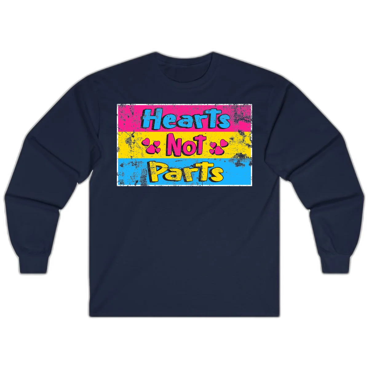 Hearts Not Parts design: magenta, yellow, and blue color-blocked graphic with distressed typography and pink hearts celebrating trans and non-binary identity in Navy