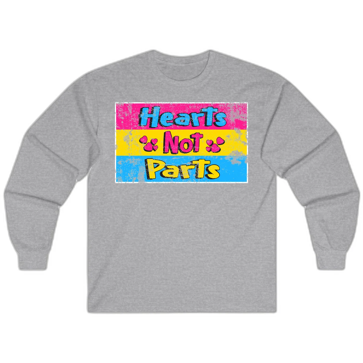 Hearts Not Parts design: magenta, yellow, and blue color-blocked graphic with distressed typography and pink hearts celebrating trans and non-binary identity in Sport Grey