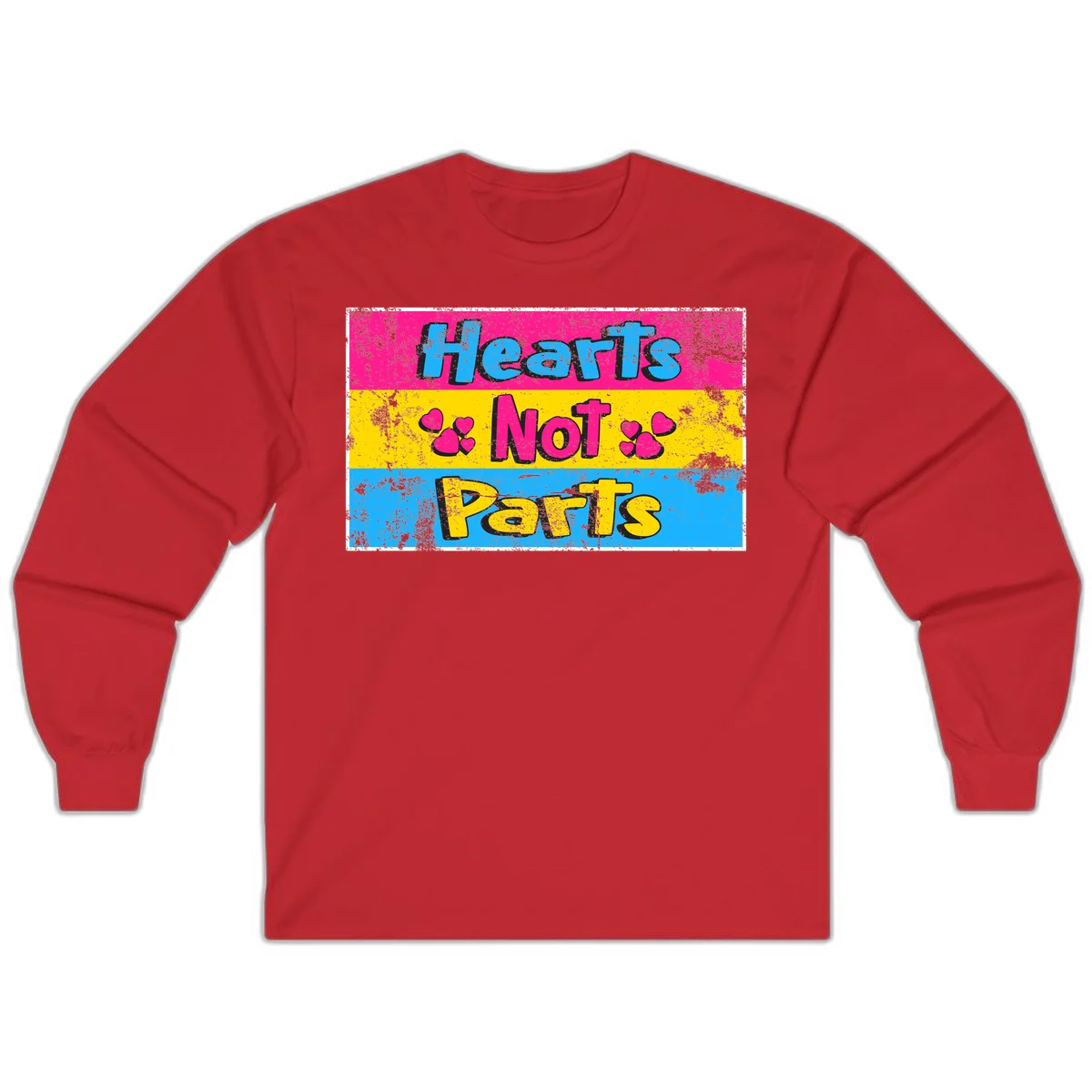 Hearts Not Parts design: magenta, yellow, and blue color-blocked graphic with distressed typography and pink hearts celebrating trans and non-binary identity in Red