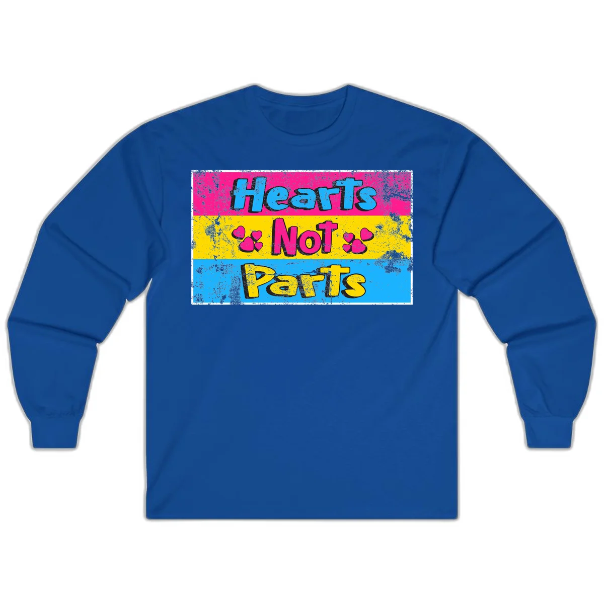 Hearts Not Parts design: magenta, yellow, and blue color-blocked graphic with distressed typography and pink hearts celebrating trans and non-binary identity in Royal