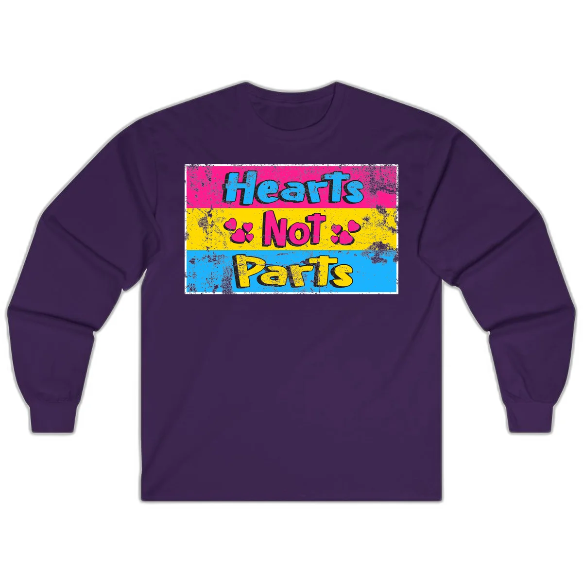 Hearts Not Parts design: magenta, yellow, and blue color-blocked graphic with distressed typography and pink hearts celebrating trans and non-binary identity in Purple