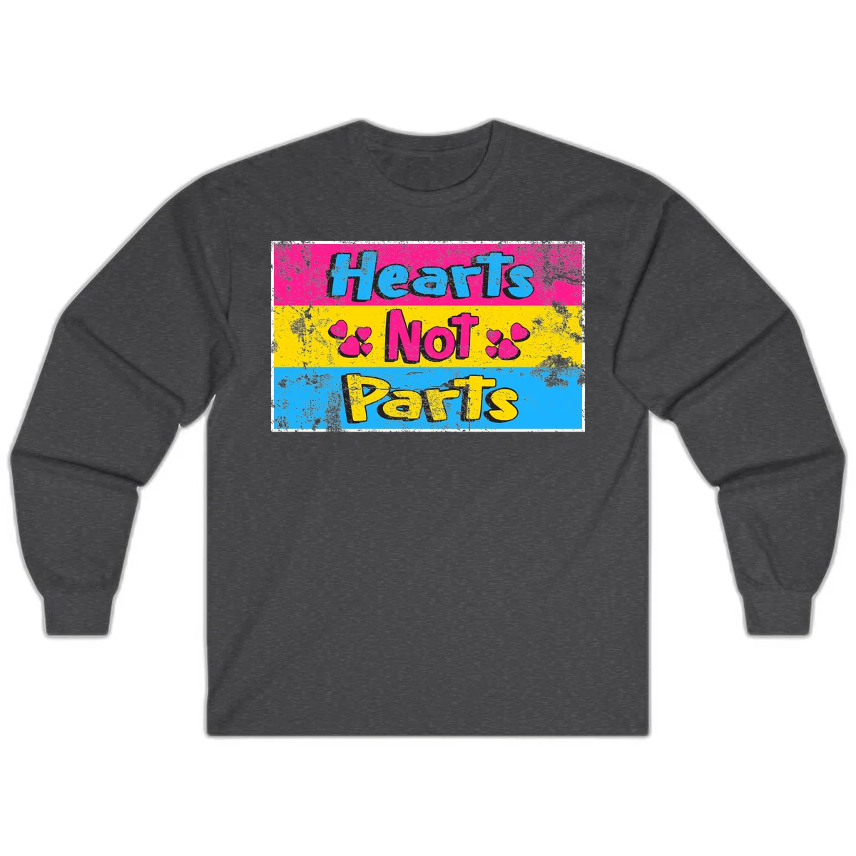 Hearts Not Parts design: magenta, yellow, and blue color-blocked graphic with distressed typography and pink hearts celebrating trans and non-binary identity in Dark Heather