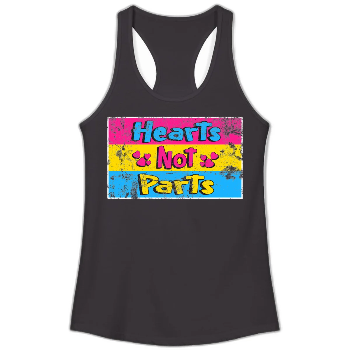 Hearts Not Parts design: magenta, yellow, and blue color-blocked graphic with distressed typography and pink hearts celebrating trans and non-binary identity in Black