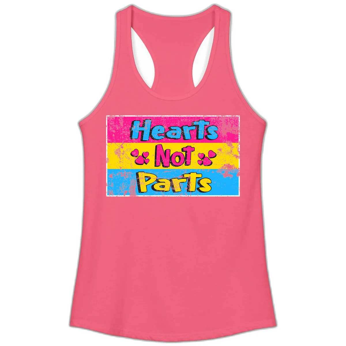 Hearts Not Parts design: magenta, yellow, and blue color-blocked graphic with distressed typography and pink hearts celebrating trans and non-binary identity in Hot Pink