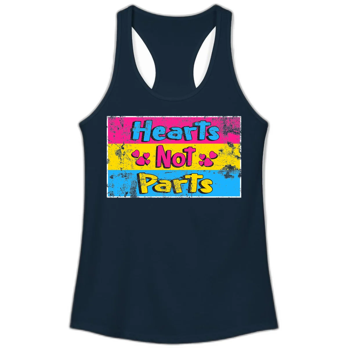 Hearts Not Parts design: magenta, yellow, and blue color-blocked graphic with distressed typography and pink hearts celebrating trans and non-binary identity in Solid Midnight Navy