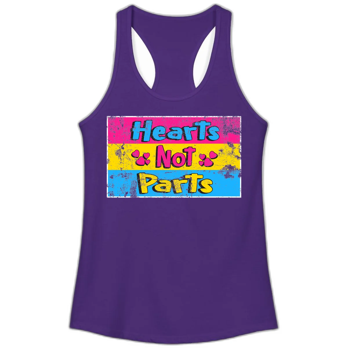Hearts Not Parts design: magenta, yellow, and blue color-blocked graphic with distressed typography and pink hearts celebrating trans and non-binary identity in Solid Purple Rush