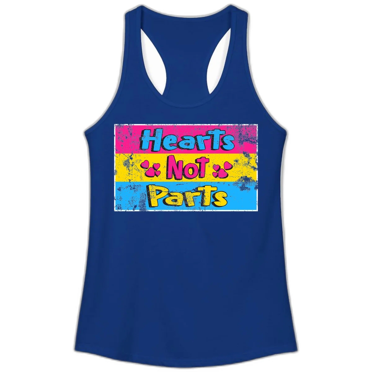 Hearts Not Parts design: magenta, yellow, and blue color-blocked graphic with distressed typography and pink hearts celebrating trans and non-binary identity in Solid Royal