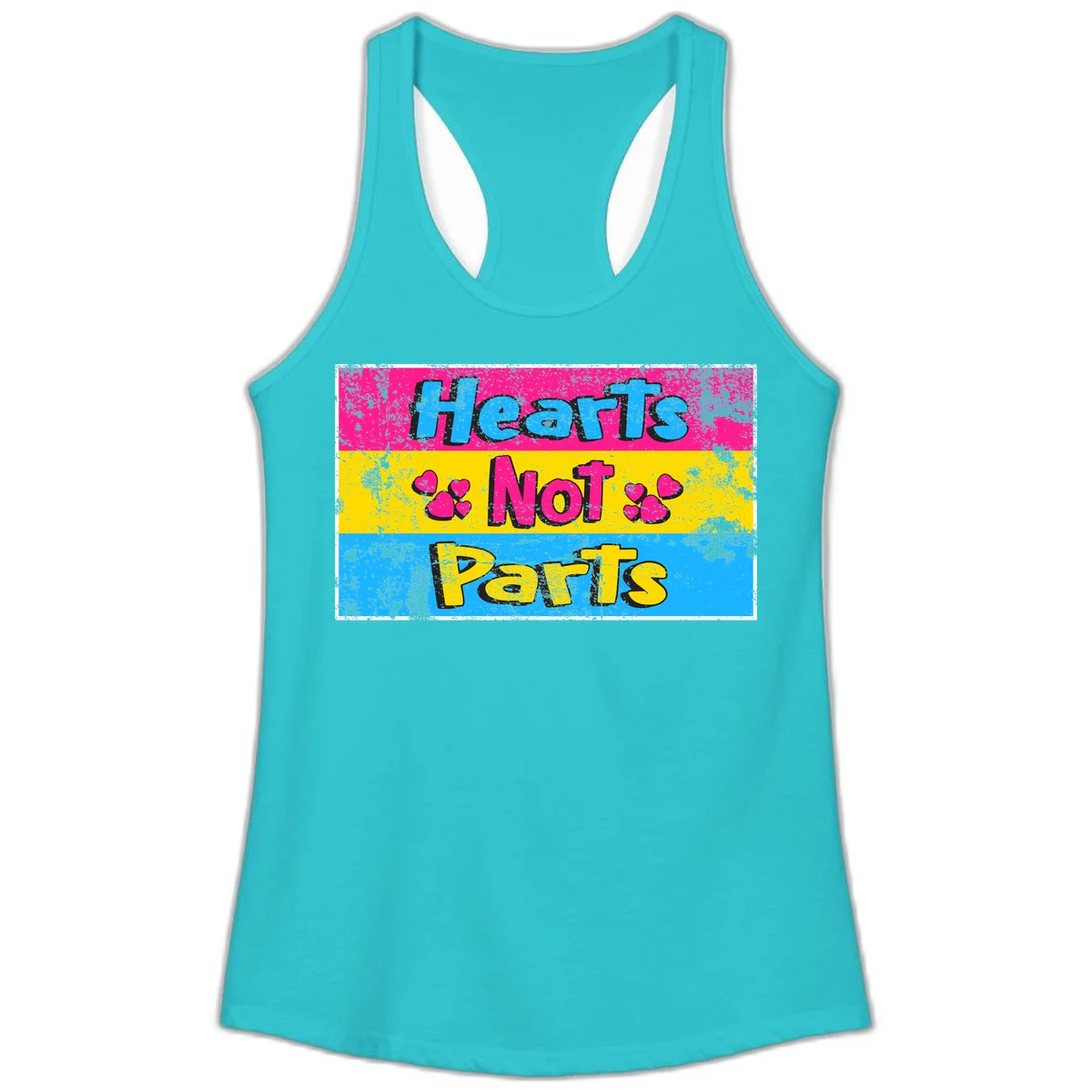 Hearts Not Parts design: magenta, yellow, and blue color-blocked graphic with distressed typography and pink hearts celebrating trans and non-binary identity in Solid Tahiti Blue