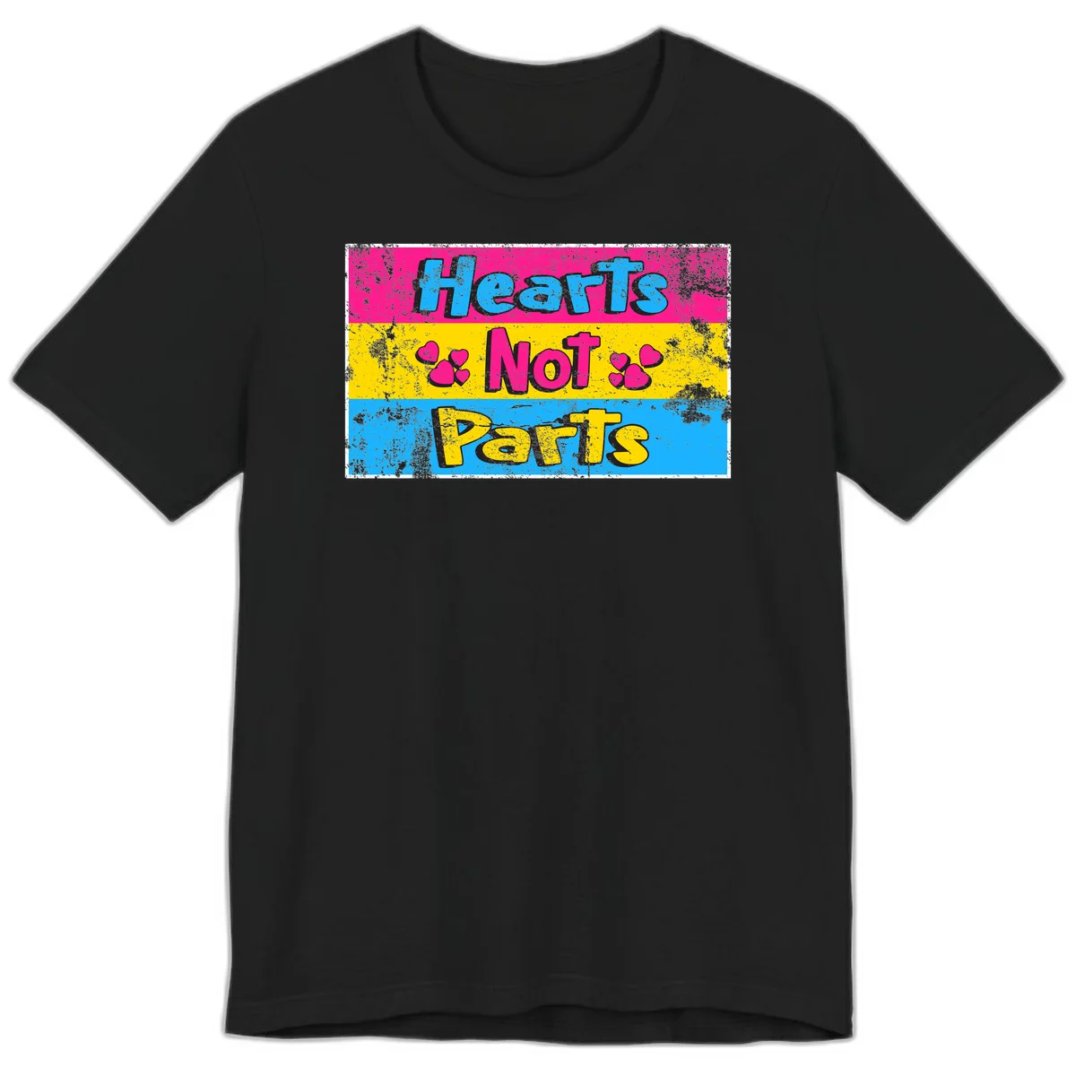 Hearts Not Parts design: magenta, yellow, and blue color-blocked graphic with distressed typography and pink hearts celebrating trans and non-binary identity in Black