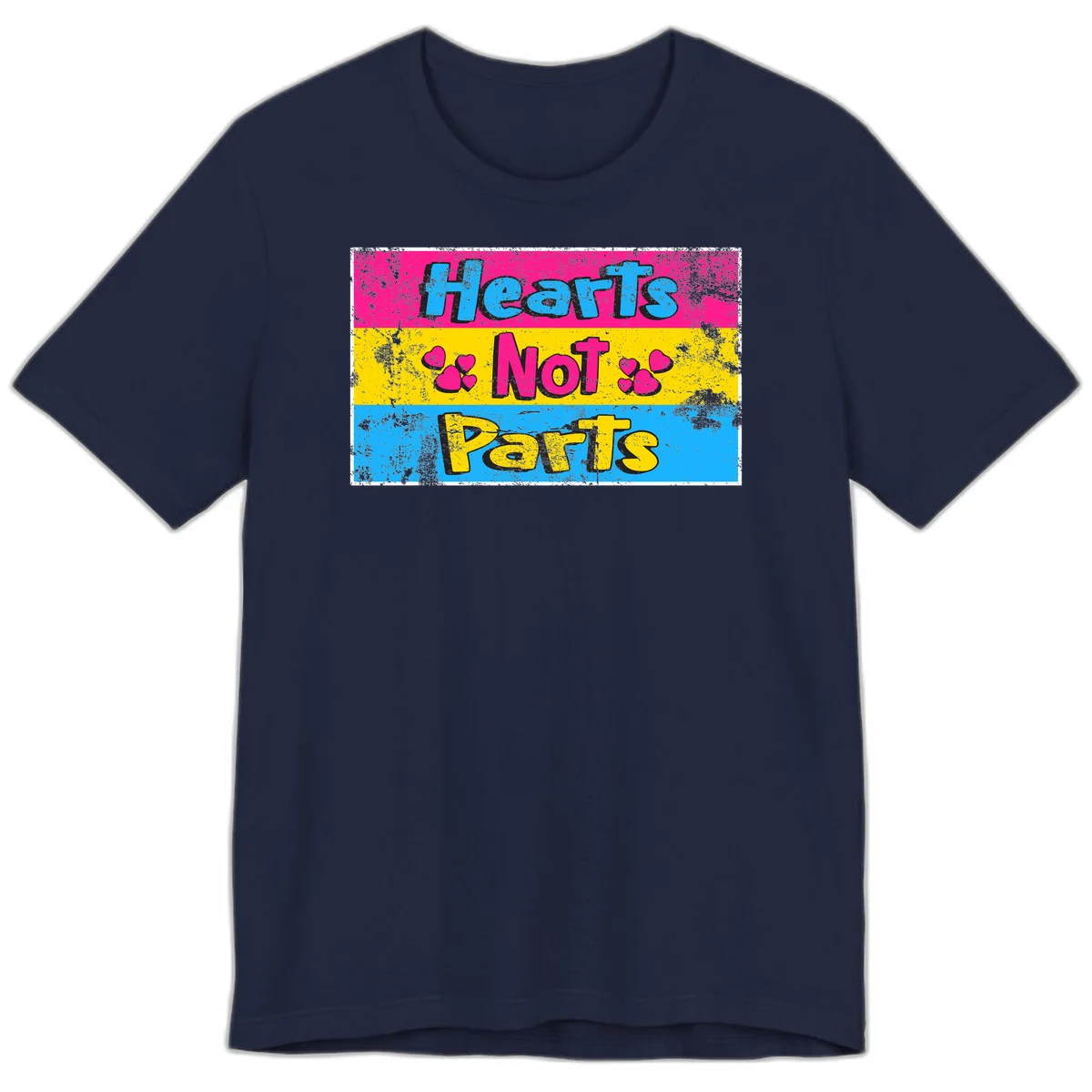 Hearts Not Parts design: magenta, yellow, and blue color-blocked graphic with distressed typography and pink hearts celebrating trans and non-binary identity in Navy