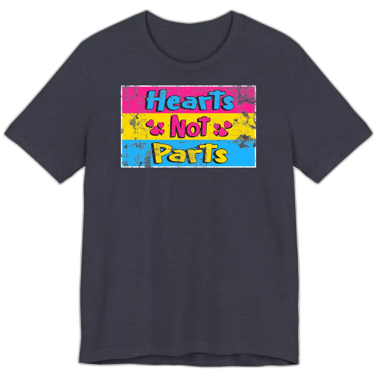 Hearts Not Parts design: magenta, yellow, and blue color-blocked graphic with distressed typography and pink hearts celebrating trans and non-binary identity in Heather Midnight Navy