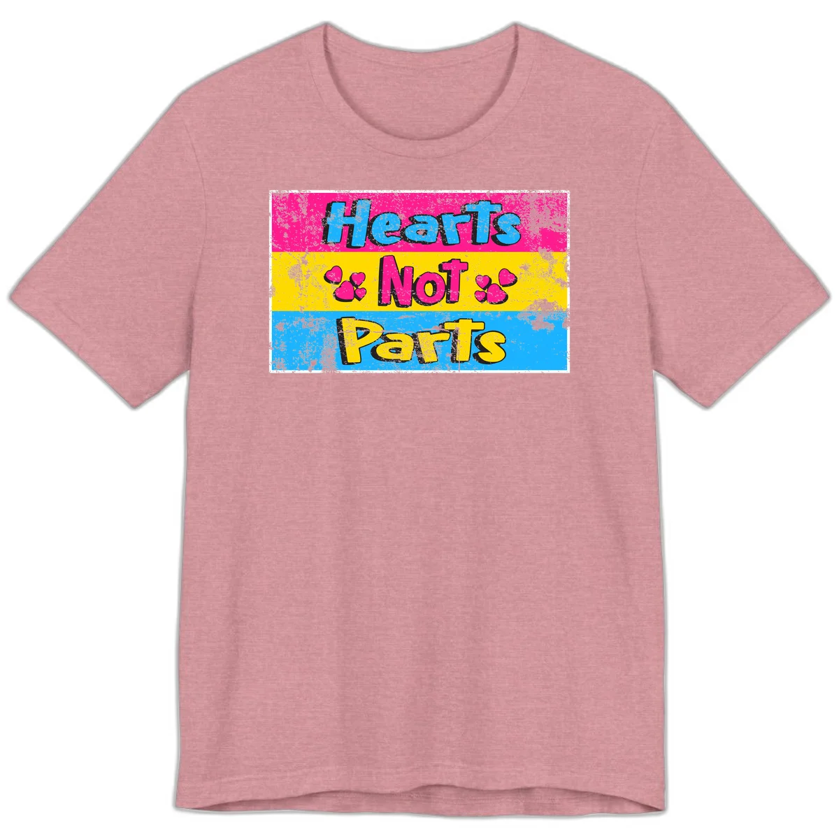 Hearts Not Parts design: magenta, yellow, and blue color-blocked graphic with distressed typography and pink hearts celebrating trans and non-binary identity in Heather Orchid