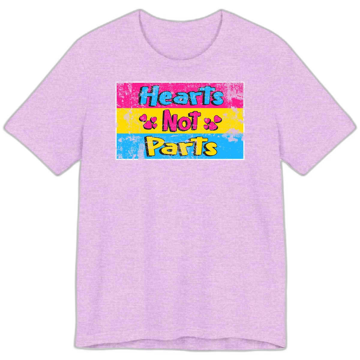 Hearts Not Parts design: magenta, yellow, and blue color-blocked graphic with distressed typography and pink hearts celebrating trans and non-binary identity in Heather Prism Lilac