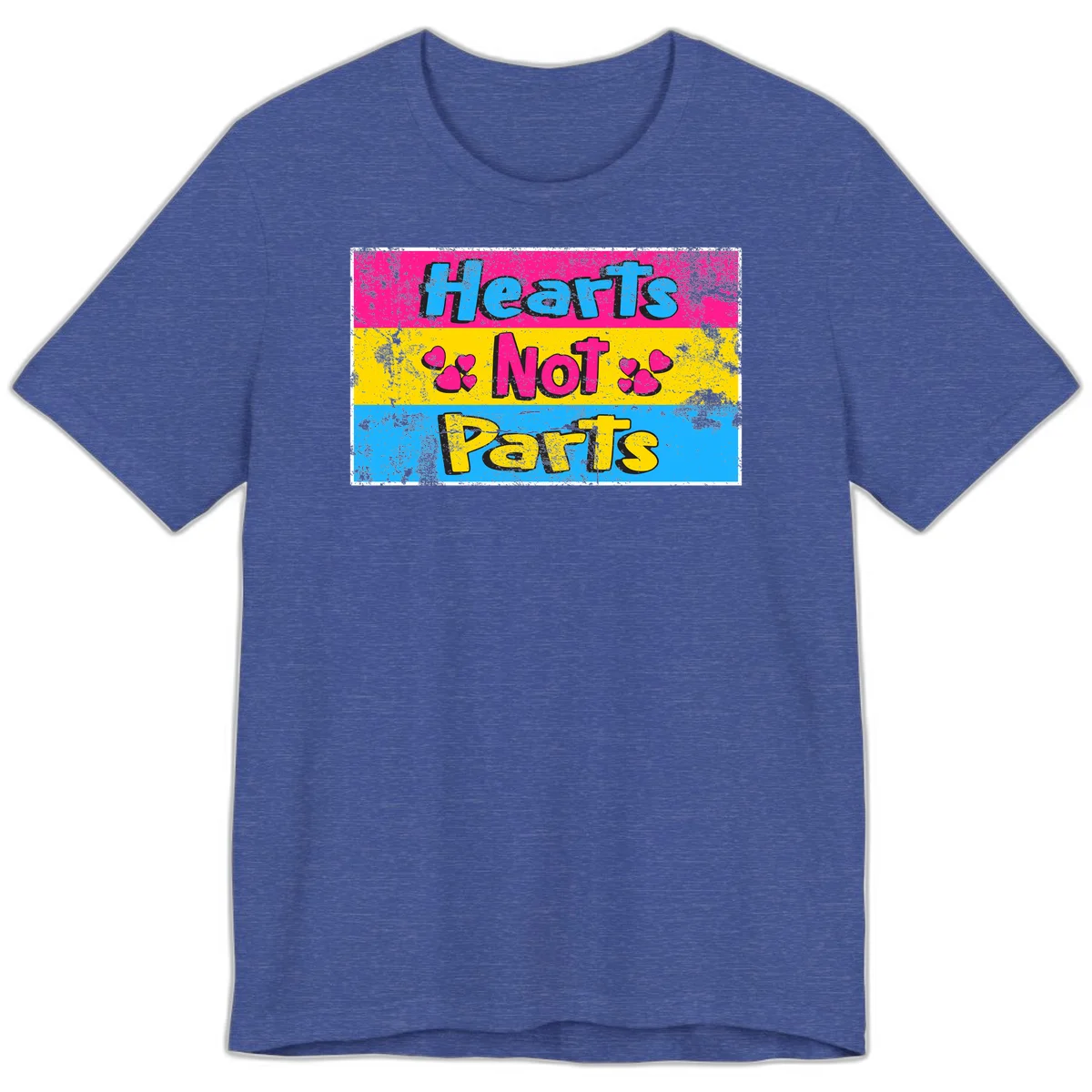 Hearts Not Parts design: magenta, yellow, and blue color-blocked graphic with distressed typography and pink hearts celebrating trans and non-binary identity in Heather True Royal