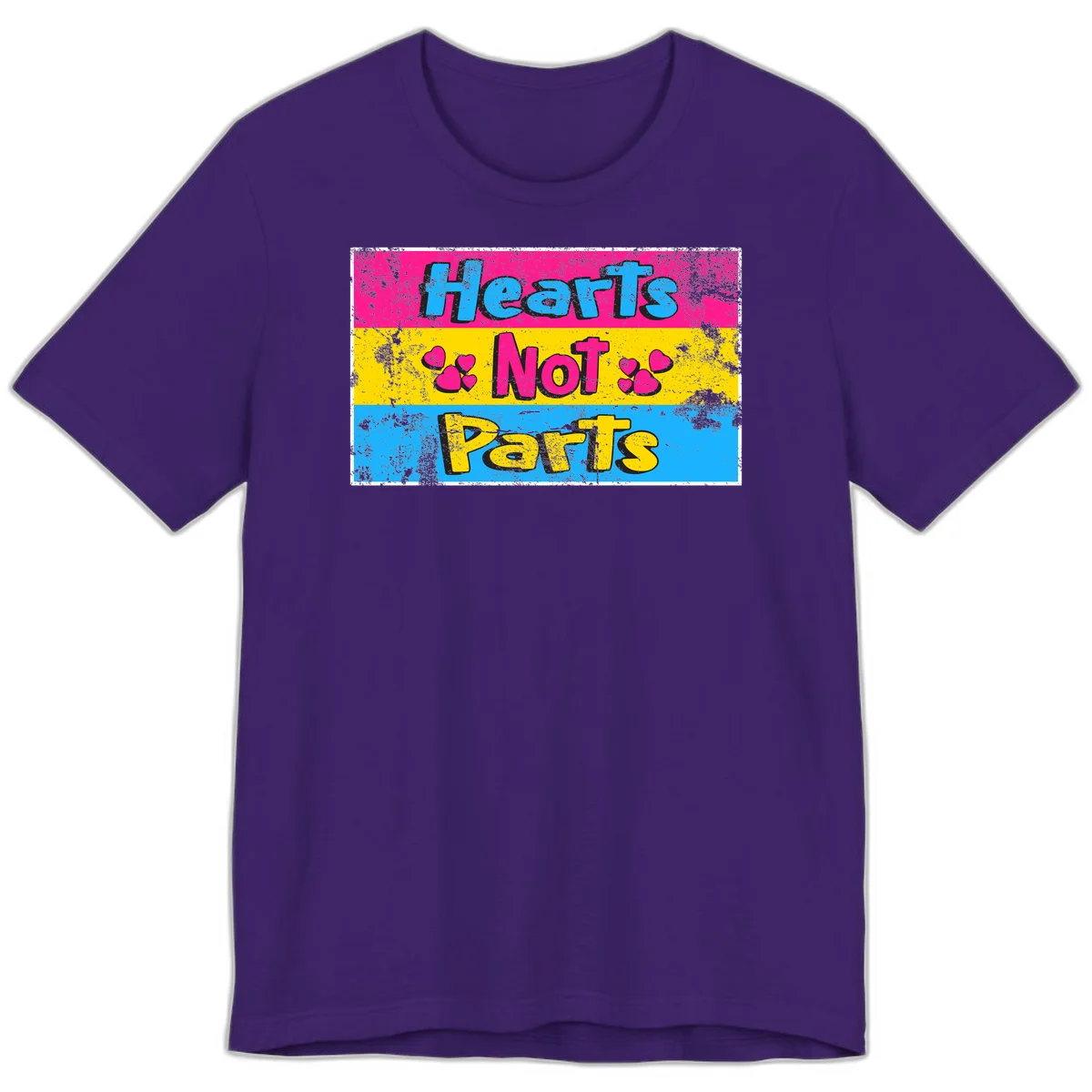 Hearts Not Parts design: magenta, yellow, and blue color-blocked graphic with distressed typography and pink hearts celebrating trans and non-binary identity in Team Purple