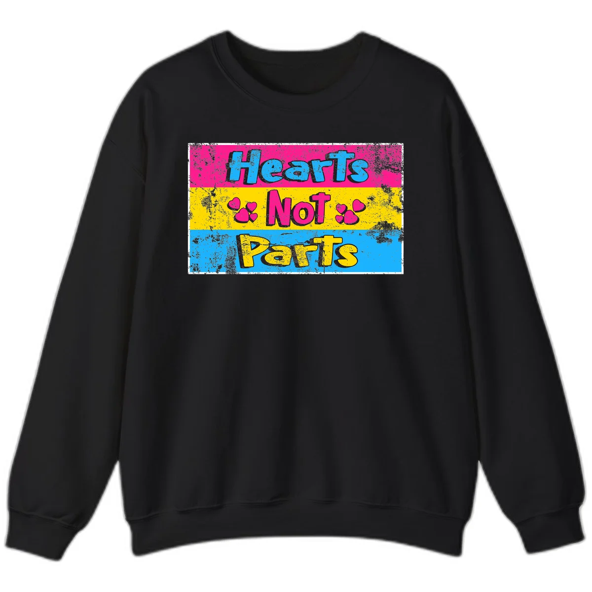 Hearts Not Parts design: magenta, yellow, and blue color-blocked graphic with distressed typography and pink hearts celebrating trans and non-binary identity in Black