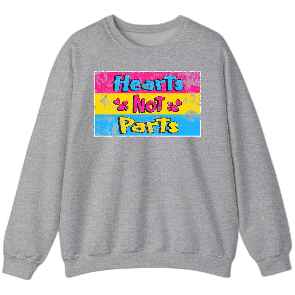 Hearts Not Parts design: magenta, yellow, and blue color-blocked graphic with distressed typography and pink hearts celebrating trans and non-binary identity in Sport Grey