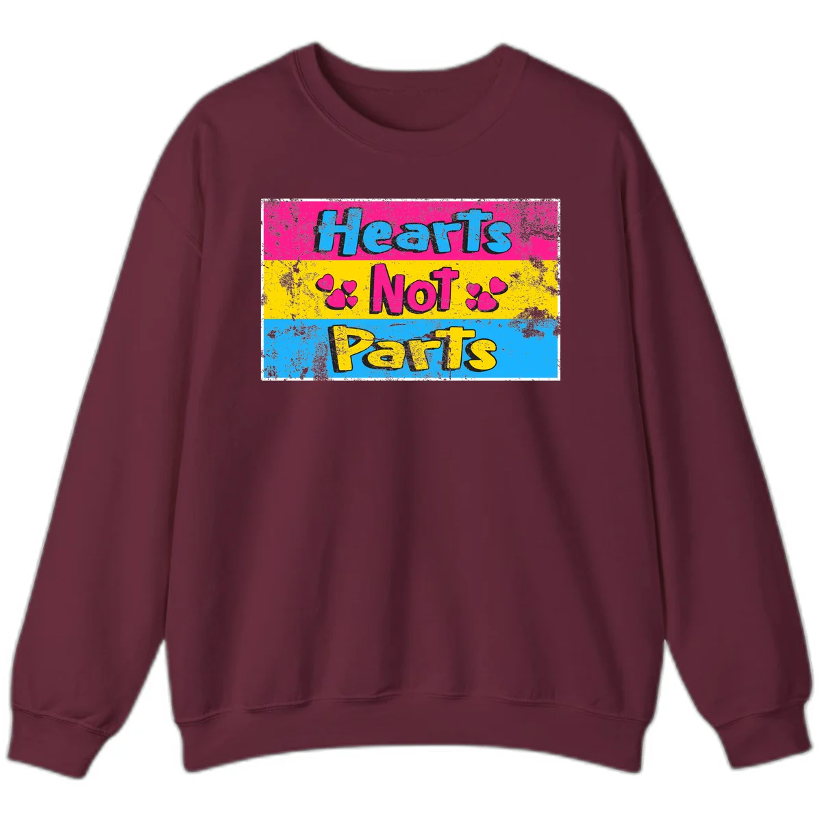 Hearts Not Parts design: magenta, yellow, and blue color-blocked graphic with distressed typography and pink hearts celebrating trans and non-binary identity in Maroon